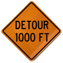 Orange and black detour sign indicating a detour of 1000 feet on a white background