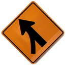 Orange traffic sign with a black arrow on a white background