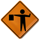 Orange traffic sign with black icon of a person lifting an object