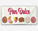 A full-color banner with the text 'Pan Dulce' and illustrations of various baked goods such as pancakes, dulcea, and pastries.