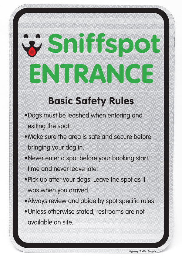 Sniffspot Entrance sign with Safety rules on white front
