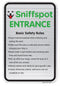 Sniffspot Entrance sign with Safety rules on white front