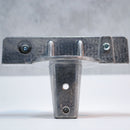 A gray metal bracket designed for mounting a flat sign to a U-channel post, with visible screws or bolts for installation.