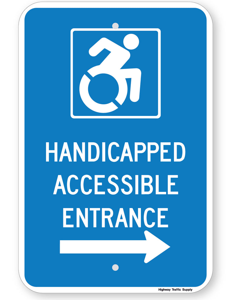 Handicapped Accessible Entrance Sign (with right arrow) (New York State Accessible Icon)