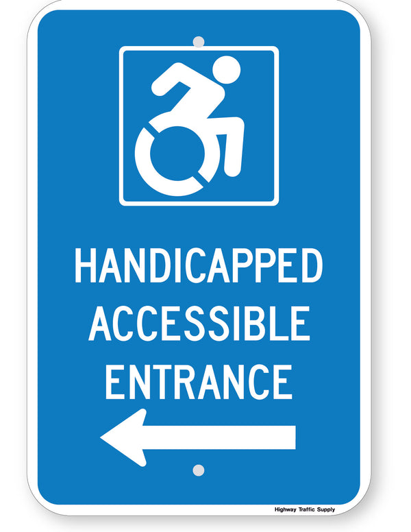 Handicapped Accessible Entrance Sign (with left arrow) (Accessible Icon)