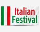 A banner with the text 'Italian Festival' displayed in red, green, and white colors, resembling the Italian flag, with grommets for hanging.