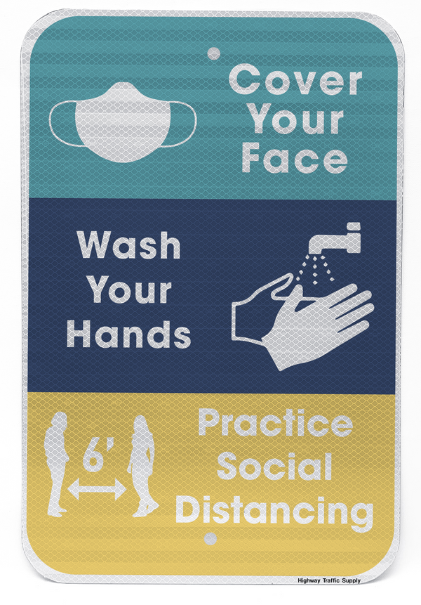 Cover Your Face, Wash Your hands, Practice Social Distancing Sign (3-Color)