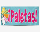 A blue banner with the text 'Paletas!' and images of colorful palette-like items, designed for promotional use at events.