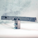 A gray metal bracket designed for mounting a street sign to a u-channel post at a 180-degree angle.