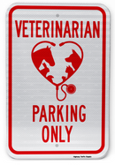 A red and white parking sign with the text 'VETERINARIAN PARKING ONLY' and a silhouette of different animal heads in the center.