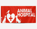 A red banner with the text 'Animal Hospital' and white graphic elements of a bird and a heart with a cross.