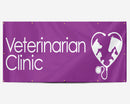A purple banner with the text 'Veterinarian Clinic' and a white heart with a stethoscope graphic. Grommets for easy hanging are visible.